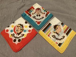 3 Vintage Brownie Girl Scout Handkerchiefs Plaid Stripped Polka Dot Collector Fs