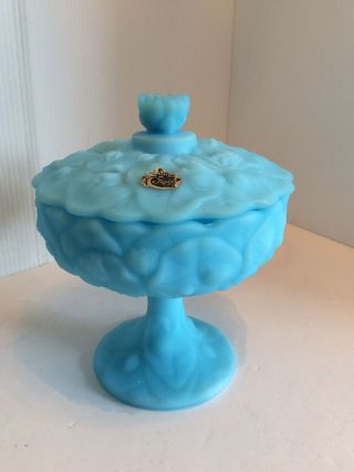 Vintage Fenton Blue Satin Custard Covered Compote Candy Dish Water Lily Pattern