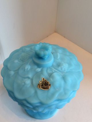VINTAGE FENTON BLUE SATIN CUSTARD COVERED COMPOTE CANDY DISH WATER LILY PATTERN 2