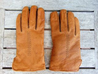 Rugged Leather Gloves W/ Rabbit Fur Lining,  Stitching - Size Medium To Large