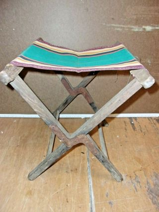 Vintage Folding Camp Stool Chair - Canvas & Wood