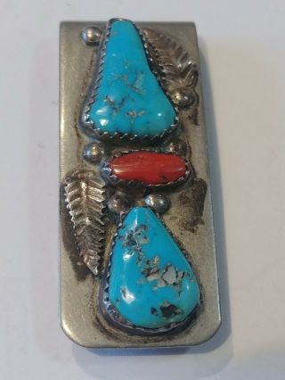 Vtg Zuni Sterling Silver Stainless Turquoise Coral Money Clip Signed L.  Lasiloo
