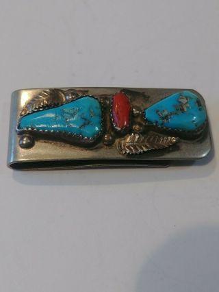 Vtg Zuni Sterling Silver Stainless Turquoise Coral Money Clip Signed L.  Lasiloo 2