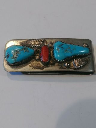 Vtg Zuni Sterling Silver Stainless Turquoise Coral Money Clip Signed L.  Lasiloo 3