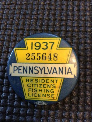 1937 Pa Resident Citizen Fishing License Pin Badge With Paper