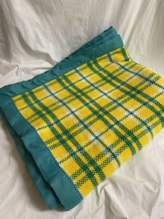 Vtg Utica - Stevens Yellow Green Plaid Throw Blanket W/ Satin Binding Mcm Thermal
