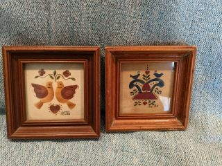 Theorem Paintings Sandy Honan.  Vintage Framed Folk Art - Set Of 2.  Birds & Hearts