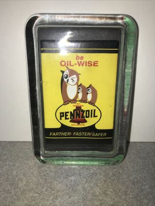 Vintage Pennzoil Paperweight Be Oil Wise Safe Lubrication Owl Yellow Rare