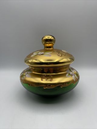 Vintage Venetian Emerald Green Gold Gilt Hand Painted Covered Candy Dish