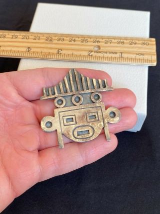 Vintage Mexico Sterling Silver Mayan Aztec Tribal Warrior Brooch Pin - 20.  3g