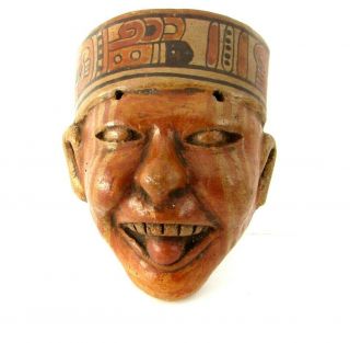Clay Aztec Mayan Mexican Face Mask Wall Hanging Painted Pottery Vtg