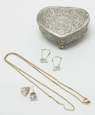 10k & 14k Earrings & A 14k Necklace In A Vintage Silverplate Heart Shaped Box