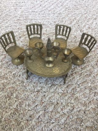 Vintage Brass Doll House Furniture - Table,  4 Chairs,  4 Cups,  & Coffee Pot
