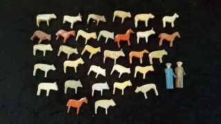 31 Vintage Miniature Dollhouse Hand Carved Wooden Farm Animals,  2 People