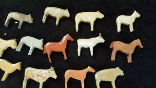 31 Vintage Miniature Dollhouse Hand Carved Wooden Farm Animals,  2 people 3