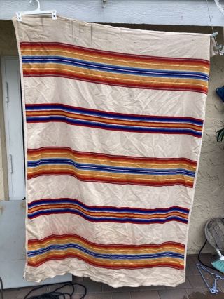 Vtg Pendleton Beige Red Orange Stripe Wool Cotton Blanket 75x56 Made In Usa Rare