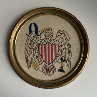 Vtg Usa Framed Needlepoint Embroidered Eagle United States Flag Textile Wall Art