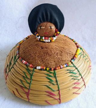 Vintage Native American Florida Seminole Indian Palmetto Patchwork Doll Basket