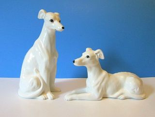 Vtg Set 2 Edsin Made In Japan White Greyhound Whippet Ceramic Dog Figurines