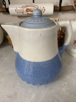 Vintage 10 Inch High Stoneware Coffee Pot Blue & Off White With Lid.