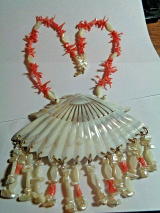 Vintage Shell & Branch Coral Necklace Huge Mother Of Pearl Carved Statement