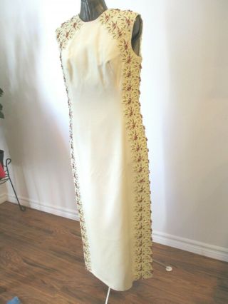 Jackie - O Dress Vintage 60’s Beaded Sequin Ivory Evening Formal Sheath Kick Pleat