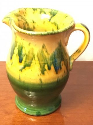 Vintage Italica Ars Pottery 7” Pitcher Hand Painted Italy Green & Yellow Glaze