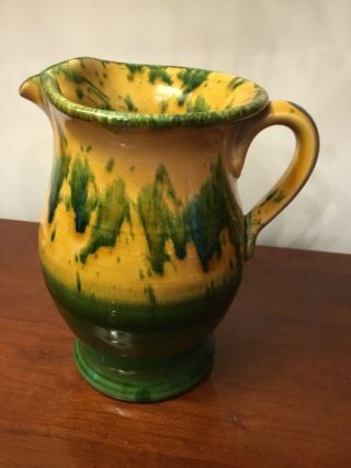 Vintage ITALICA ARS Pottery 7” Pitcher Hand Painted Italy Green & Yellow glaze 2
