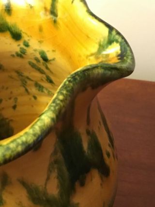 Vintage ITALICA ARS Pottery 7” Pitcher Hand Painted Italy Green & Yellow glaze 3