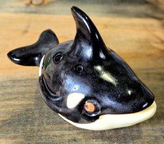 Vintage Folk Art Orca Killer Whale Pottery 4 Hole Ocarina Whistle