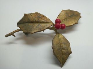 Vintage Michael Michaud Signed Matte Bronze Christmas Holly Berry Brooch Pin