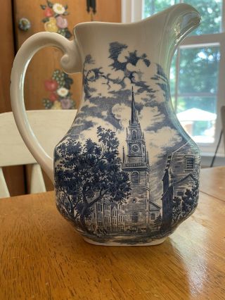 Vintage WEDGWOOD Liberty Blue Large Water Milk Pitcher Old North Church England 3