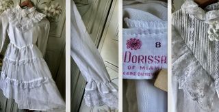 Vtg Dorissa Of Miami Usa White Voile Cotton Lace Fancy Dress Full Circle 8