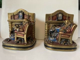 Antique Pair Armor Bronze Copper Clad Bookends Man Reading By Fireplace 1920s