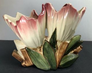Vintage Mccoy Pottery Double Tulip Cream & Pink Tipped Flower Vase Planter