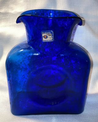 Vintage Blenko Hand Blown Cobalt Blue Glass Art Vase Dimple Mcm Foil Sticker