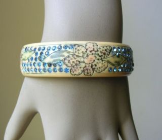 Vintage Art Deco Celluloid Bangle Bracelet Etched Flowers/ Blue Rhinestones