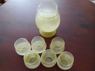 Vintage Yellow Blendo Cocktail Pitcher And 6 Roll Poly Glasses Set