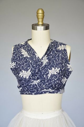 Vtg 50s Blue White Swirl Print Cotton Wrap Crop Top V Neck Tie Shirt Blouse Xs - M