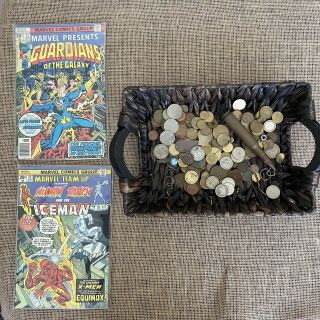 Vintage Junk Drawer / Junk Jewelry/coins/comics/artillery Shell