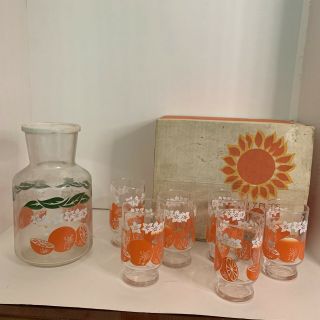 Vintage Anchor Hocking Orange Juice Carafe Pitcher 8 Juice Glasses 1950 