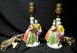 (2) Vtg Boudoir Table Lamps Porcelain Colonial Victorian Courting Couple Bavaria