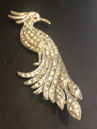 Art Deco 30’s Pot Metal Large Bird Parrot Clear Rhinestone Vintage Brooch Pin