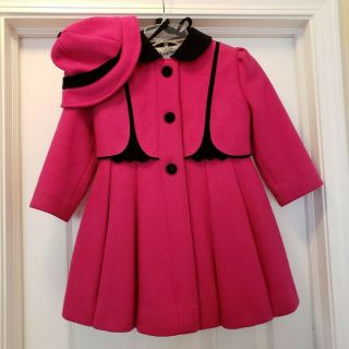 Vintage Rothschild Girls Wool Coat With Hat,  Raspberry/black,  Size 5