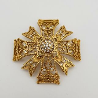 Vintage Kenneth Jay Lane Kjl Rhinestone Maltese Cross Gold Tone Pendant Brooch