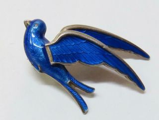 Vintage Bernard Meldahl Sterling Bird Pin W Blue Guilloche Enamel Norway