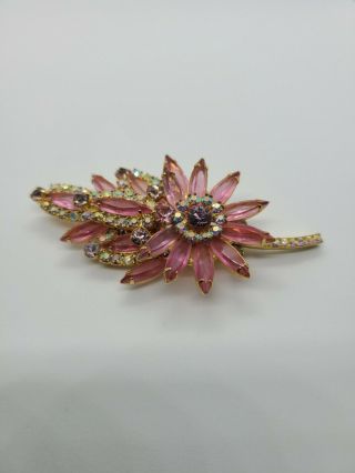 Vtg Juliana D & E Brooch Pin Glass Pink And Ab Rhinestones Prong Set Gold Tone