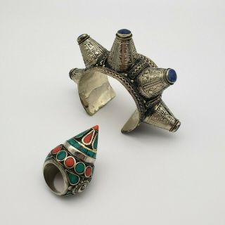 Vintage Afghan Kuchi Tribal Semi - Precious Stone Spike Cuff Bracelet & Cone Ring