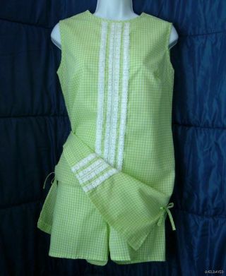 Vintage 60s 70s S Playsuit Lime Green Gingham Shorts Top Set Dress Lace Nwot