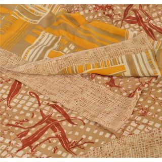 Sanskriti Vintage Indian Printed 100 Pure Crepe Silk Sarees Brown Sari Craft So